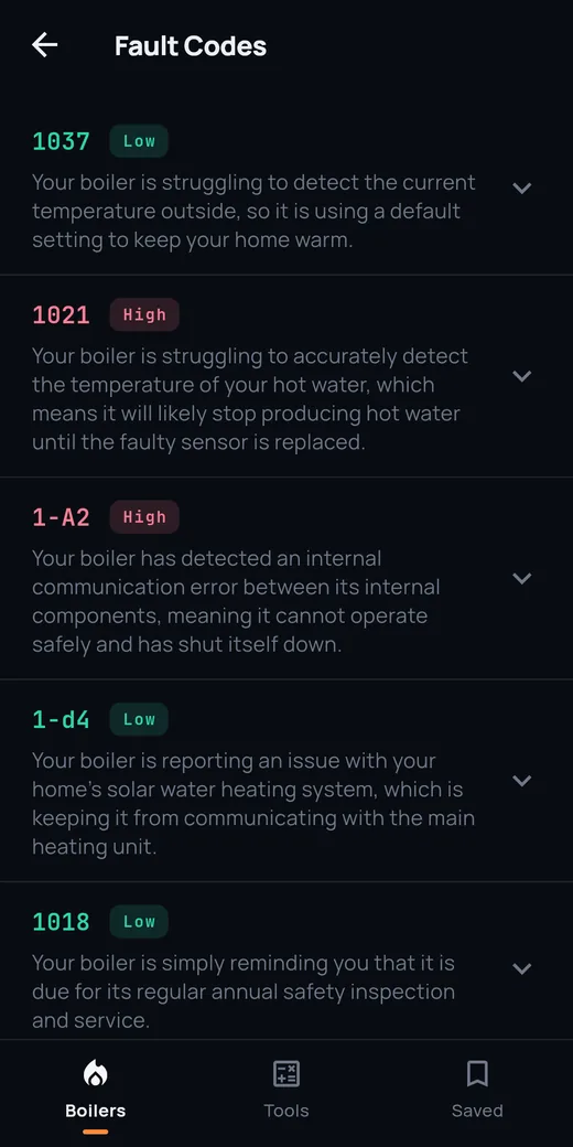Flint's fault code list for a boiler, with each code expandable to show what it means and the likely cause.