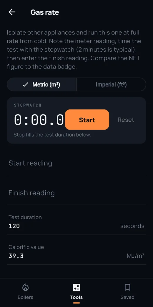 Flint's gas rate calculator: timed meter test inputs producing gross and net heat input in kilowatts.