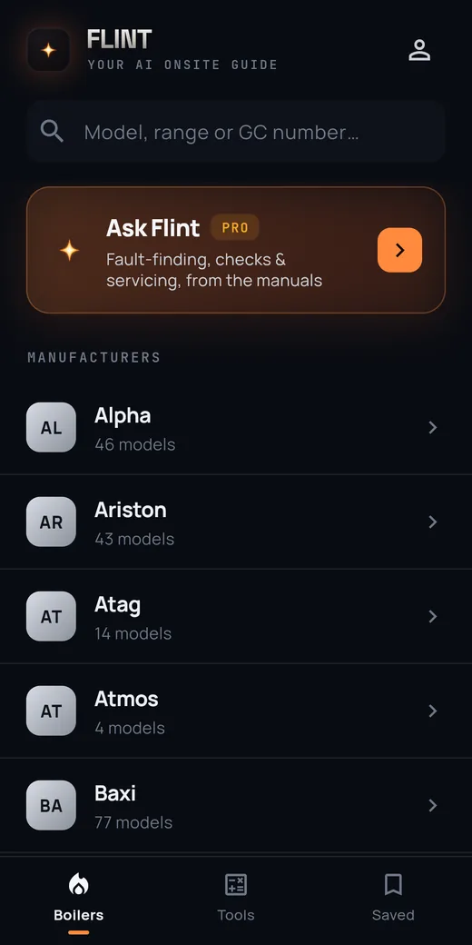 Flint's home screen: a search box over the boiler catalogue with the manufacturer list beneath.
