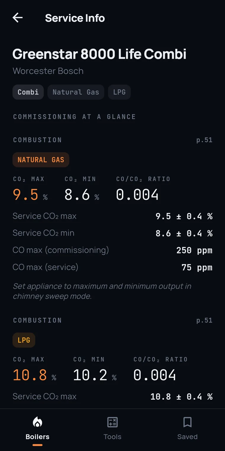 Flint's Service Info screen for a Worcester Bosch Greenstar 8000 Life Combi: commissioning at a glance, showing CO2 max 9.5%, CO2 min 8.6% and a CO/CO2 ratio of 0.004 for natural gas, CO max 250ppm commissioning and 75ppm service, each block citing manual page 51, with the LPG figures below.